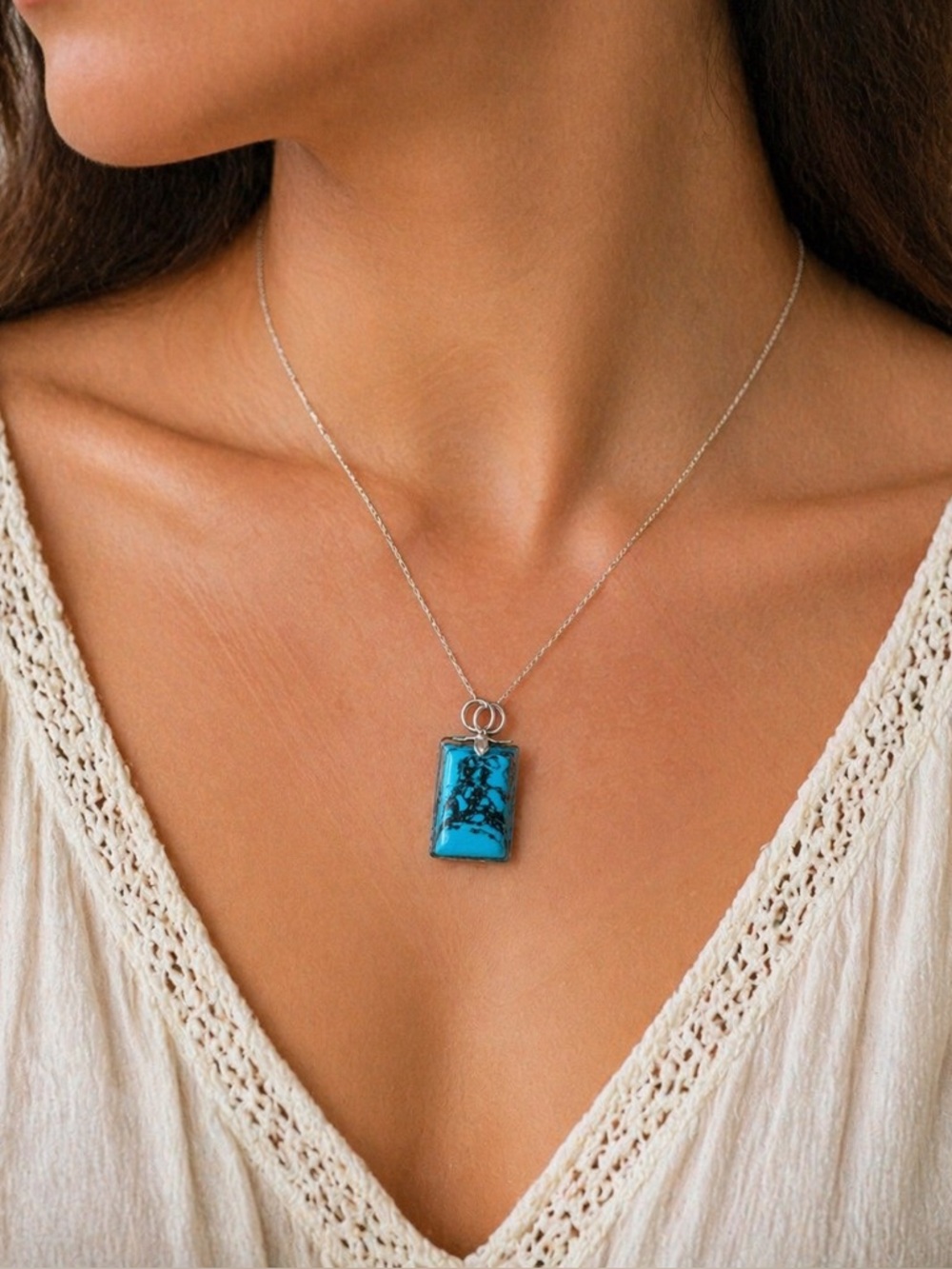 Vintage Turquoise Stone Pendant – Blue Statement Charm with Black Matrix